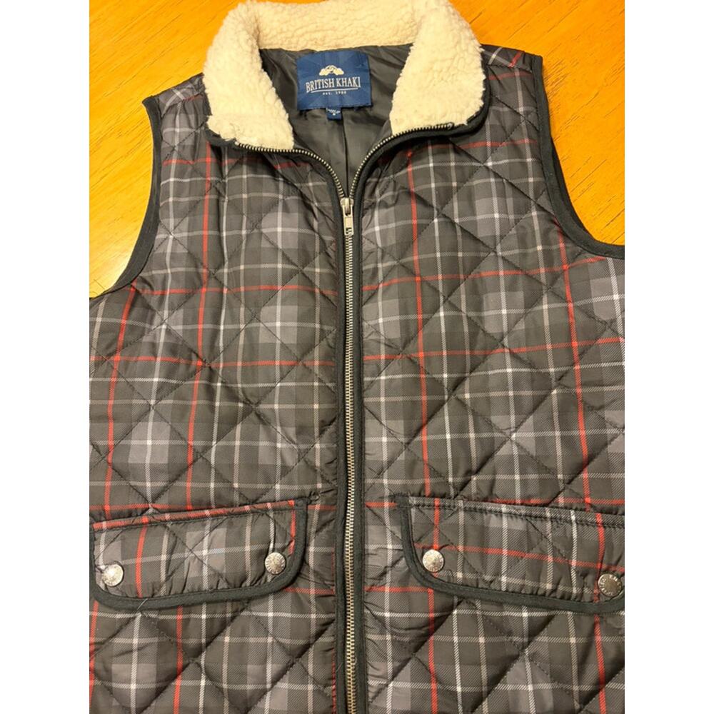 British Khaki Quilted Plaid‎ Vest Sherpa CollarSz S preppy equestrian